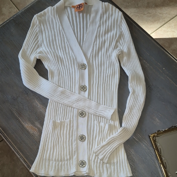 Tory Burch Cream Ribbed Cardigan Sweater - Picture 1 of 4